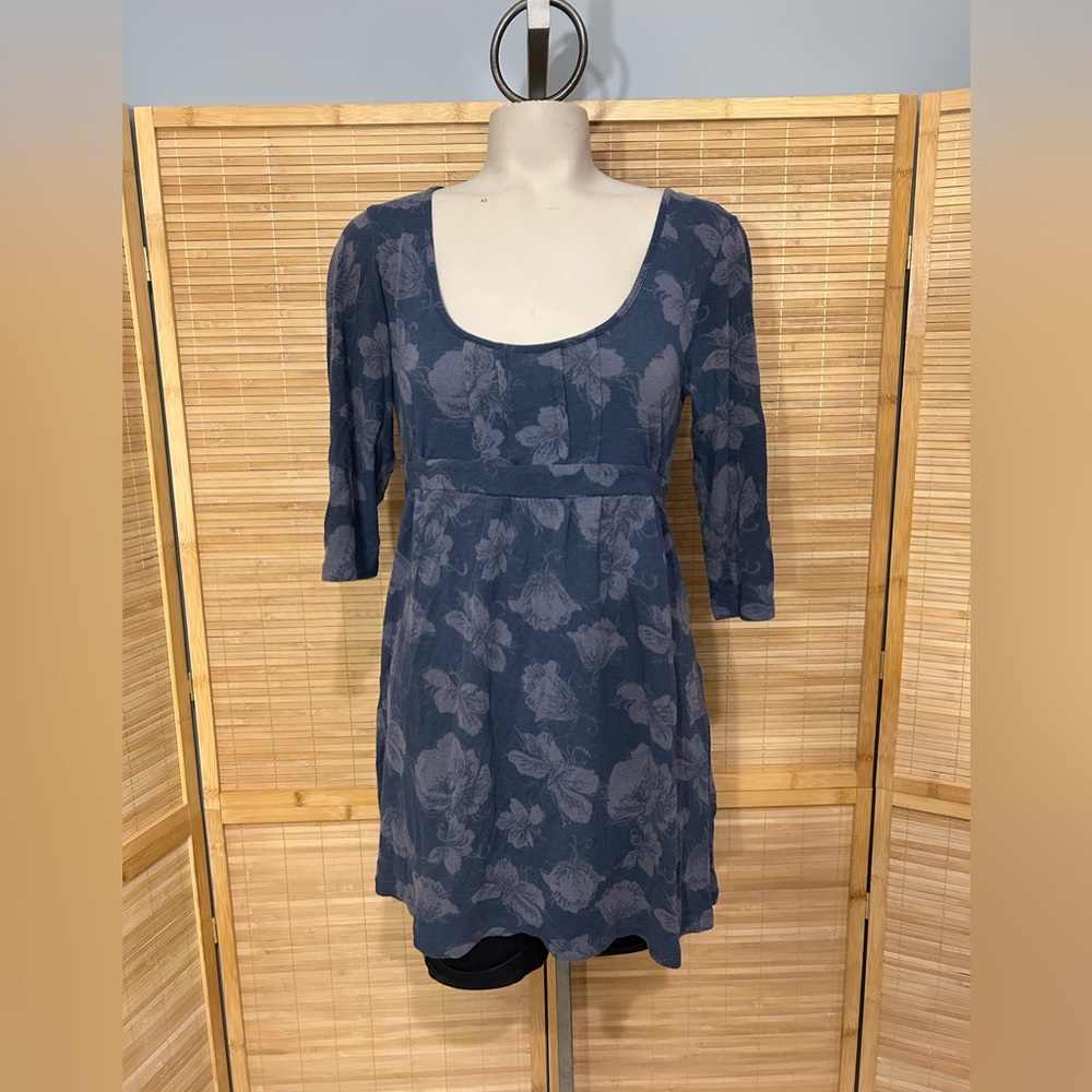 White Stuff floral dress blue 3/4 sleeve scoop necktie tunic top large